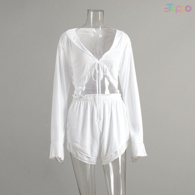 Women's White Long-Sleeve Tie-Front Cutout Shorts Lounge Set