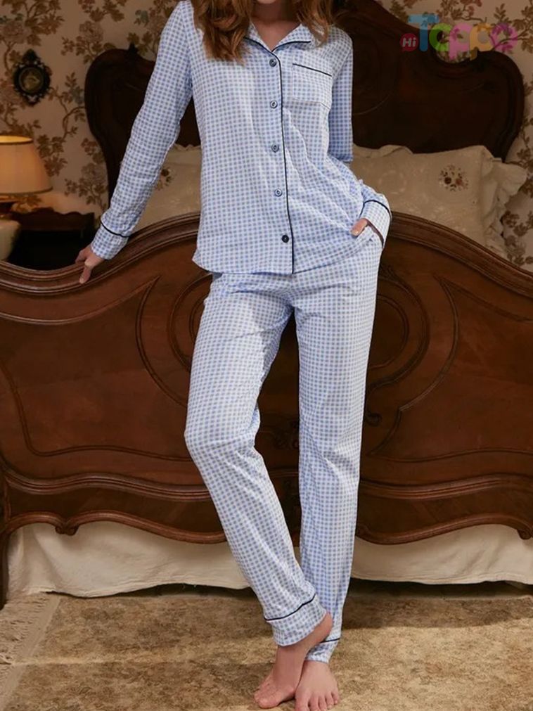 Women's Red Plaid Long-Sleeve Collared Pocket Pajama Set