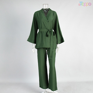 Women's Olive Green Wrap-Style Tie-Waist Wide-Leg Lounge Set