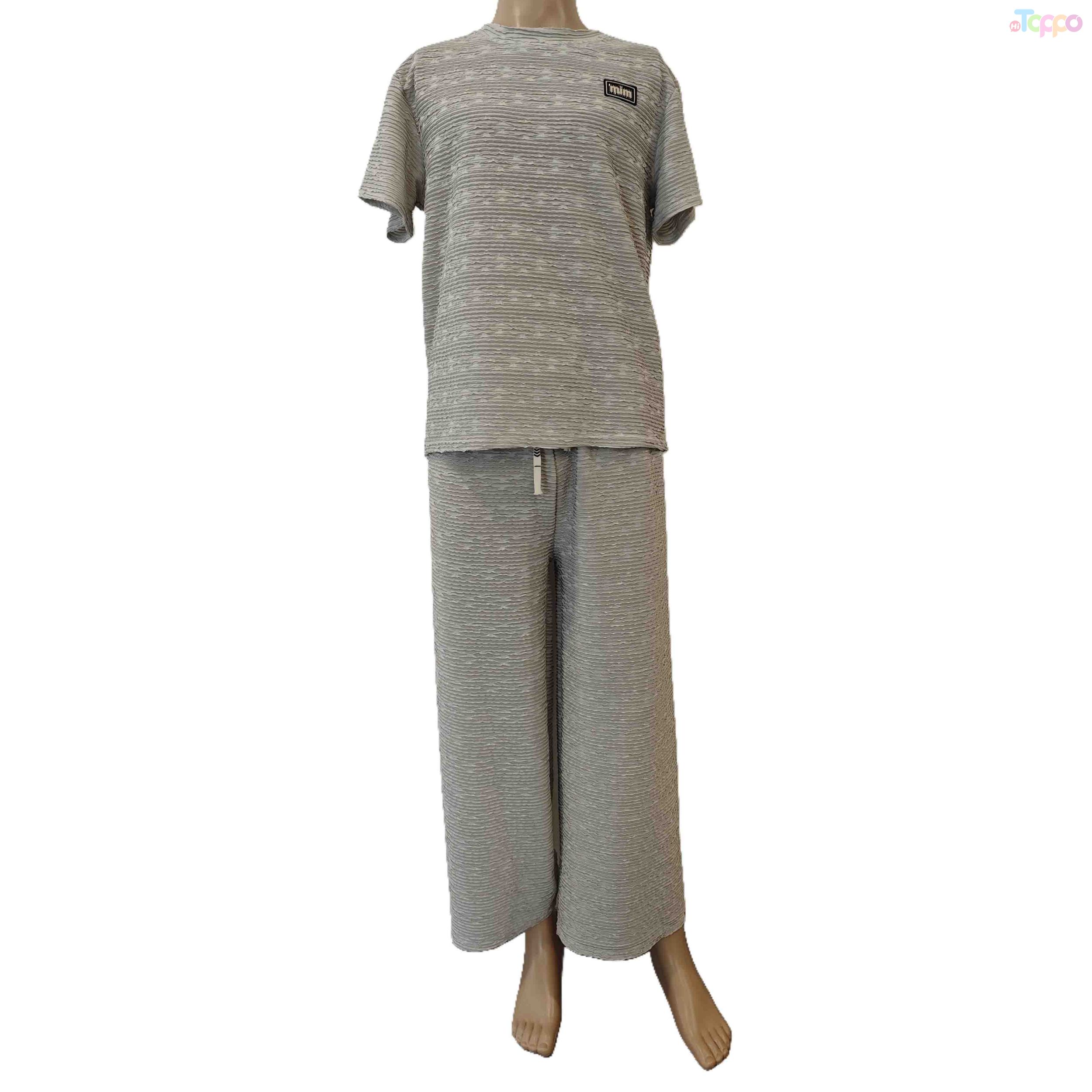Light Gray Textured Short-Sleeve Wide-Leg Loungewear Set
