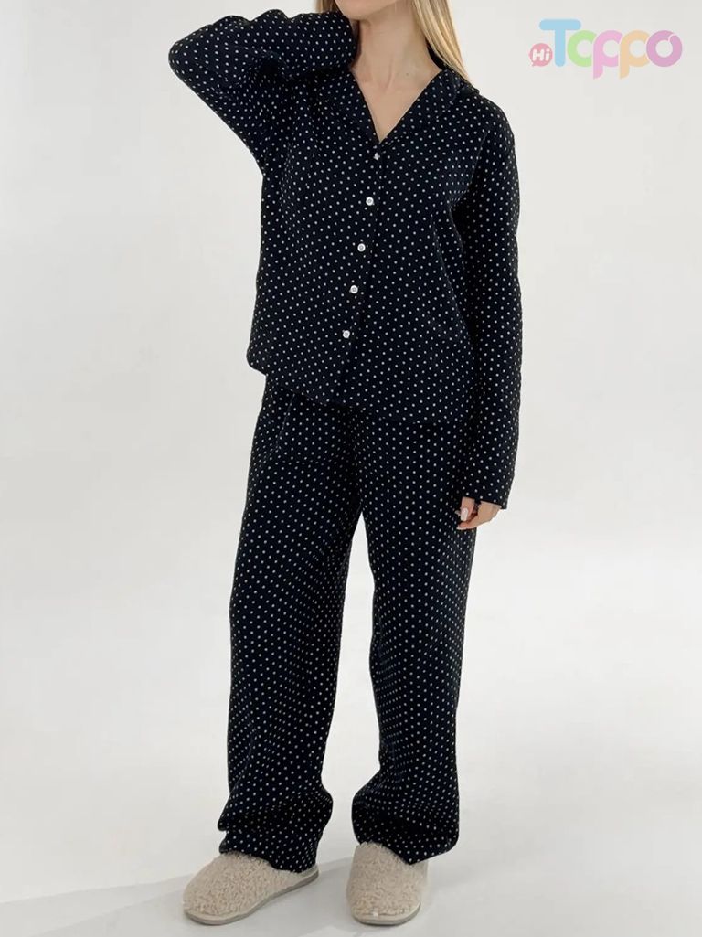 Soft Tan Polka Dot Quilted Collared Long-Sleeve Pajama Set