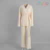 Beige Ribbed Wrap-Front Self-Tie Belt Loungewear Set