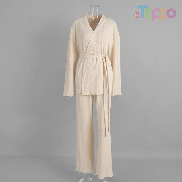 Beige Ribbed Wrap-Front Self-Tie Belt Loungewear Set