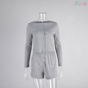 Heather Gray Long-Sleeve Button-Front Short Loungewear Set