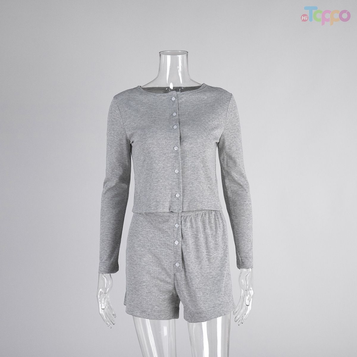 Heather Gray Long-Sleeve Button-Front Short Loungewear Set