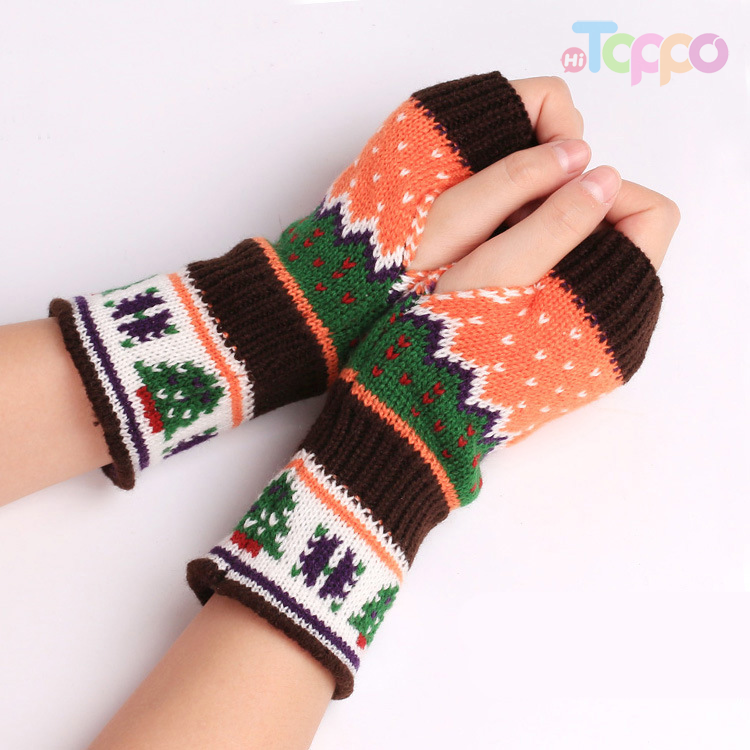 Christmas Tree gloves thickened wool bare finger knitted gloves