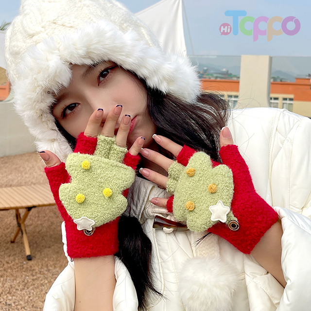 Lovely Christmas Gloves Cute Student Fingerless Flip Gloves Acrylic Winter Warm Gloves