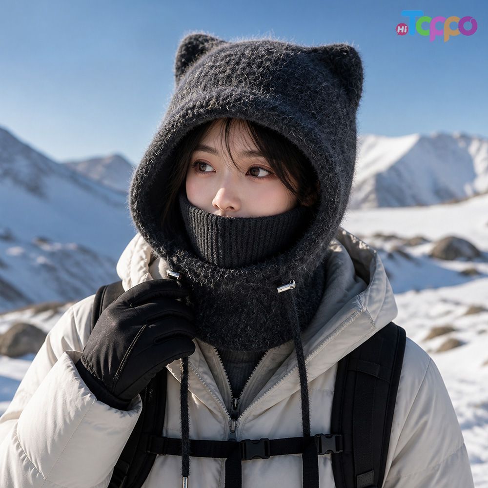 Custom Warm Earflap Hooded Scarf Women's Winter Knit Balaclava Beanie