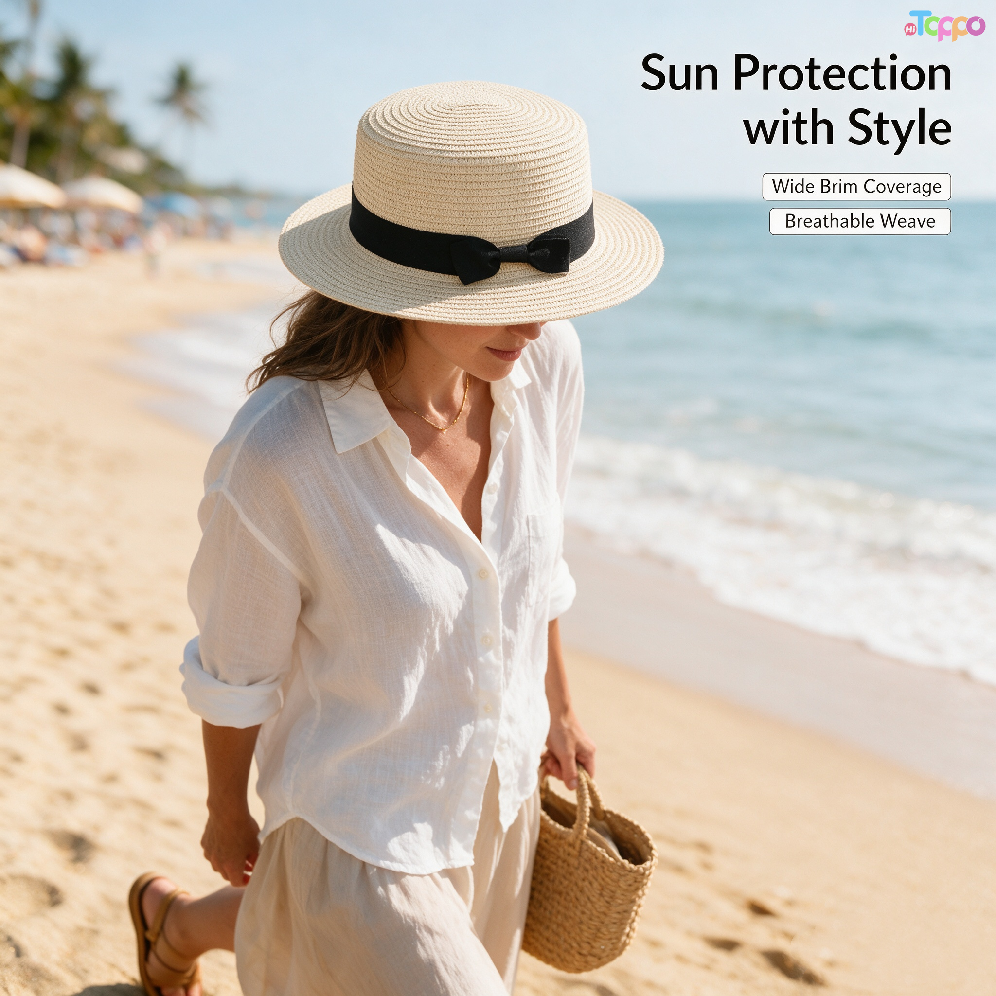 Summer UPF Women Flat Sun Straw Hat with Bow