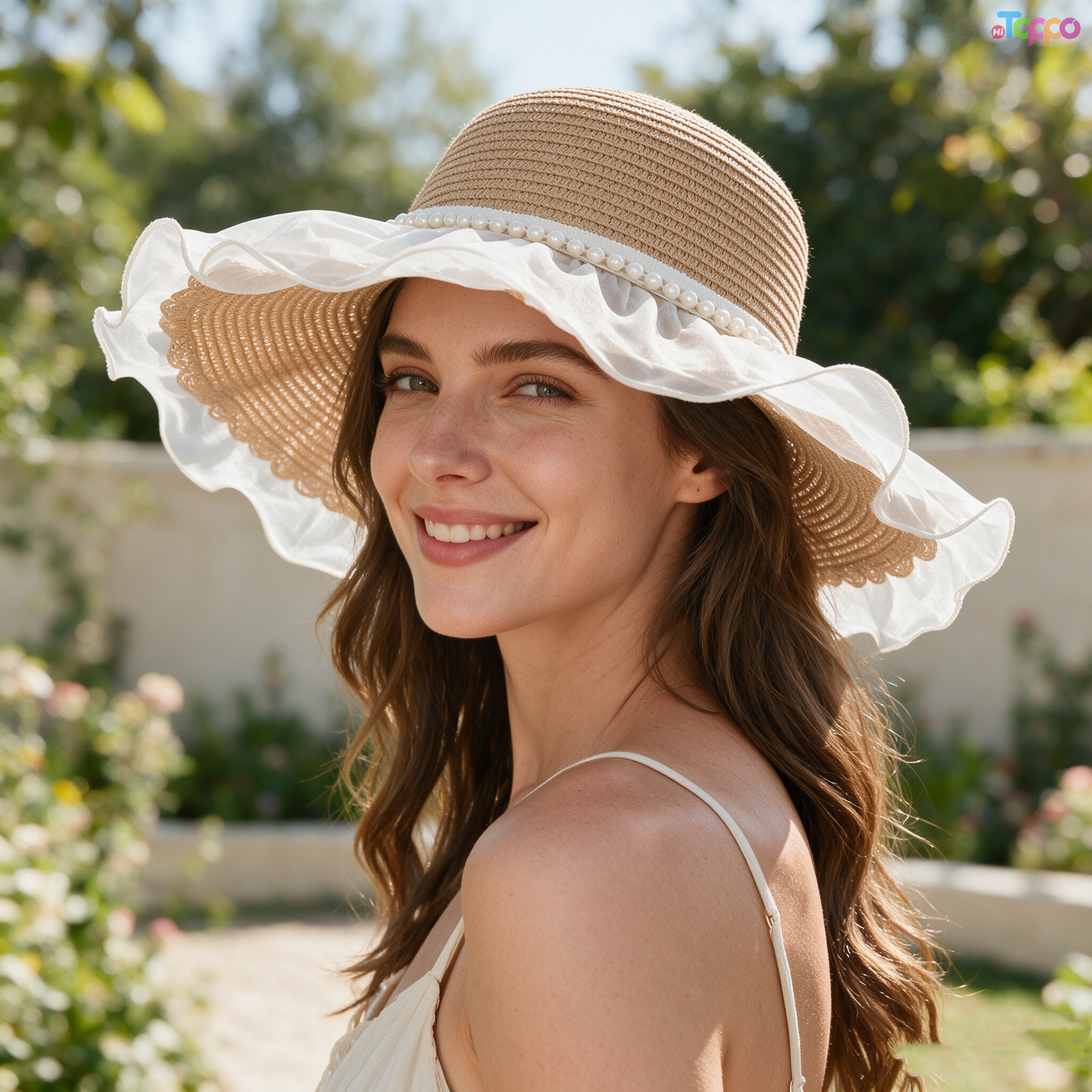 Women's Summer Wave Edge Pearl Bowknot Straw Knitted Hat 