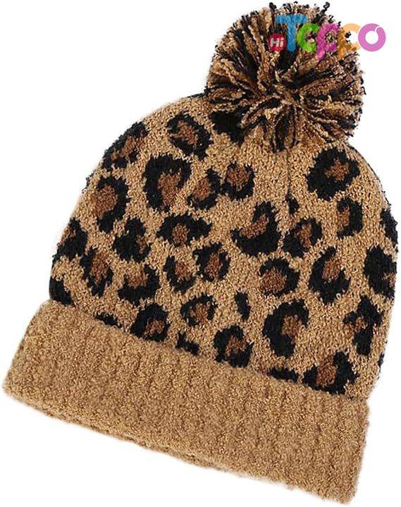  Winter Warm Woolen Yarn Brown Leopard Printed Knitted Beanie