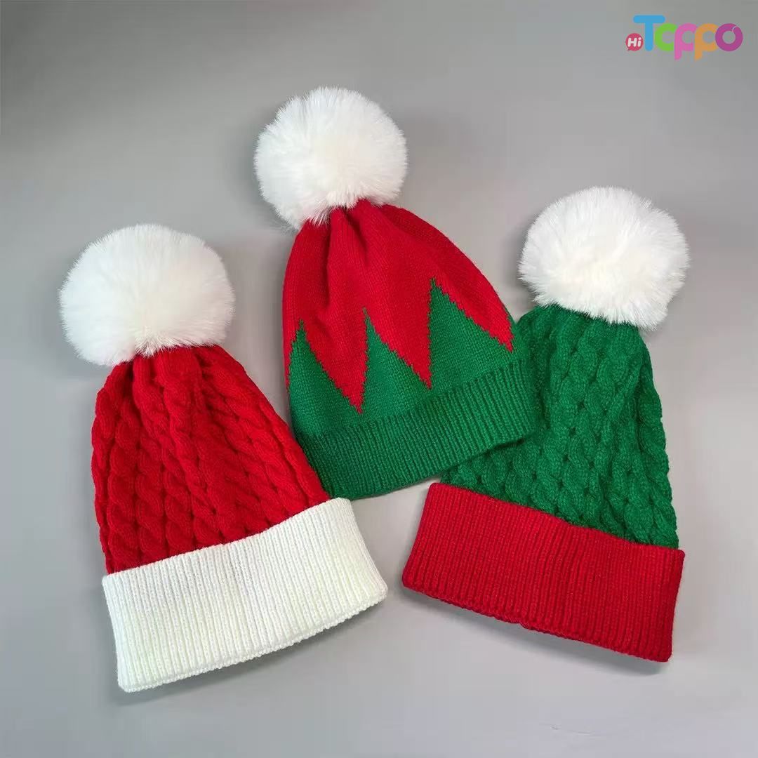 Hot Sale Large Pom Pom Color Block Elf Beanie Winter Knit Cap