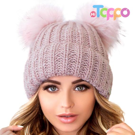 Custom 2 Pom Cable Knit Winter Warm Fleece Hat Wool Snow Cuff Ski Cap Beanie 