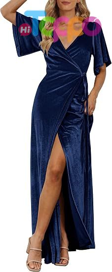 Custom Women's Wrap V Neck Wedding Guest Cocktail Velvet Maxi Dress