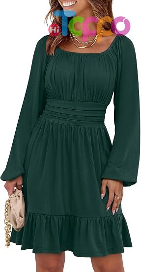  Custom Women Long Lantern Sleeve Square Neck Fall Short Dress