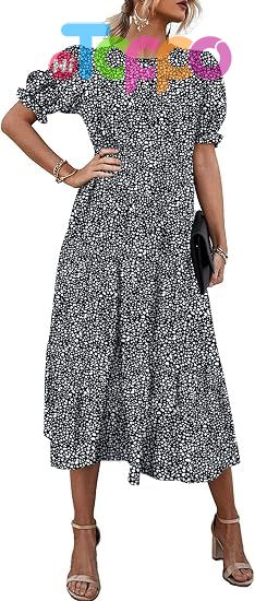 Custom Print Women's Short Sleeve Midi Floral Dress