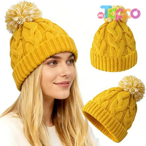 Wholesale Slouchy Chunky Knit Beanie with Pom Pom - Cozy Winter Bobble Hat