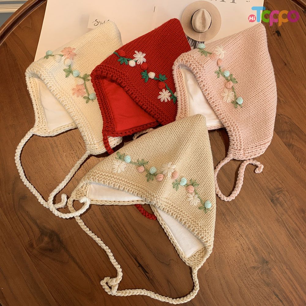Winter Warm Floral Embroidery Baby Knit Earflap Hat with Ties Cute Pixie Elf Beanie 