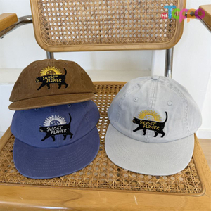 Custom Vintage Washed Distressed Cat-Embroidered Flat-Brim Baseball Cap