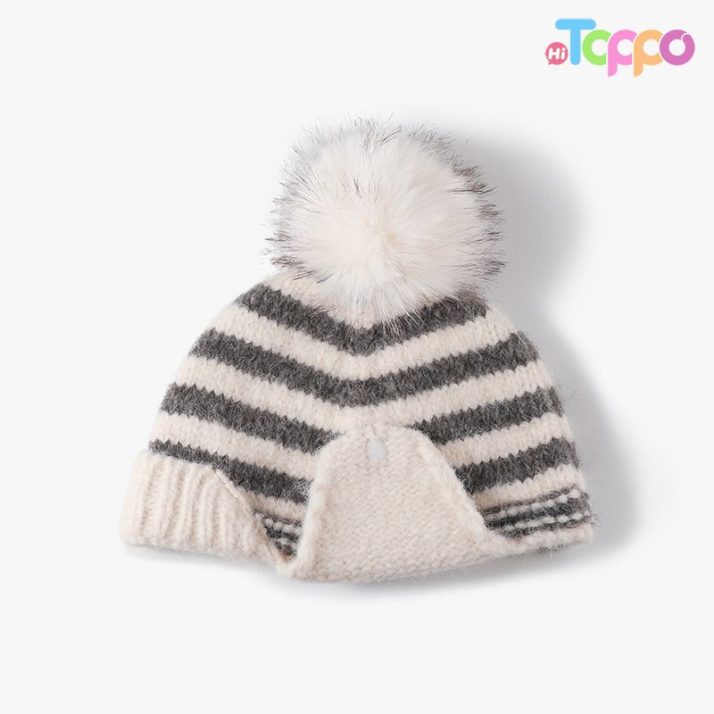 Custom Striped Knit Beanie With Faux Fur Pom‑Pom Detachable Ear Flaps Button Decor 