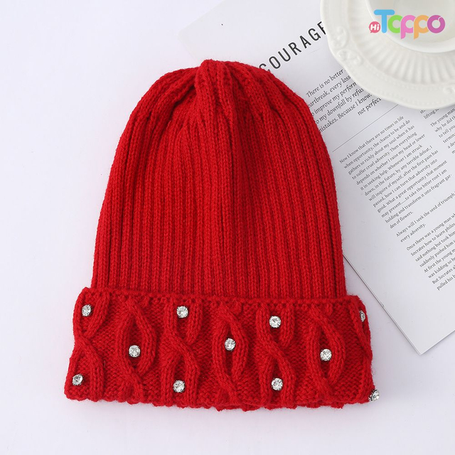 Hot Sale Winter Warm Knit Hat with Rhinestone Accents