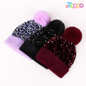 Casual Puffy Fuzzy Sequin Knit Beanie