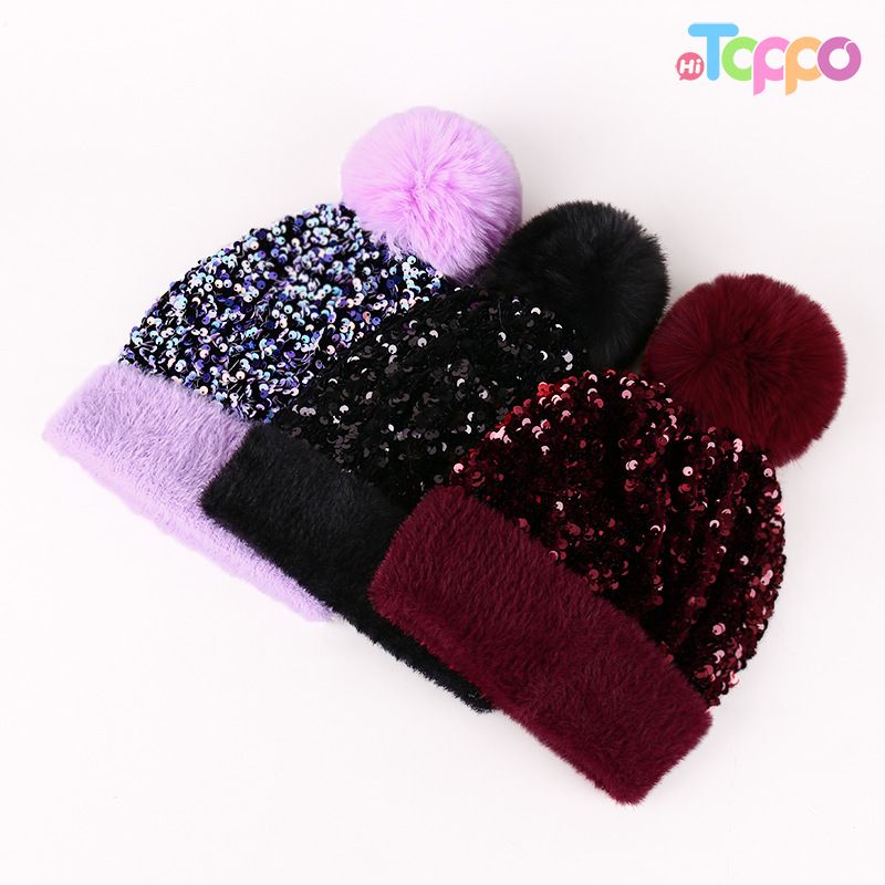 Casual Puffy Fuzzy Sequin Knit Beanie