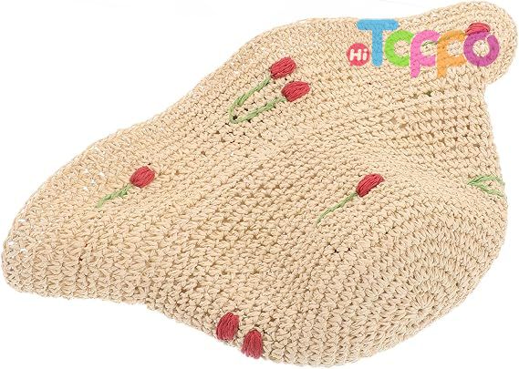  Woven Plaited Build Beige Cherry Accent Lightweight Breathable Comfort Women's Wide Brim Straw Sun Hat 56-58cm