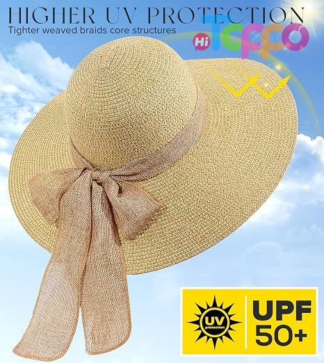 Wide Brim Straw Hat Floppy Packable UPF 50+ UV Protection Beach Sun Hats for Women 