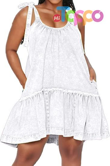 Women Denim Dress Casual Jean Dresses Babydoll Wash Jean Sundress with Pocket