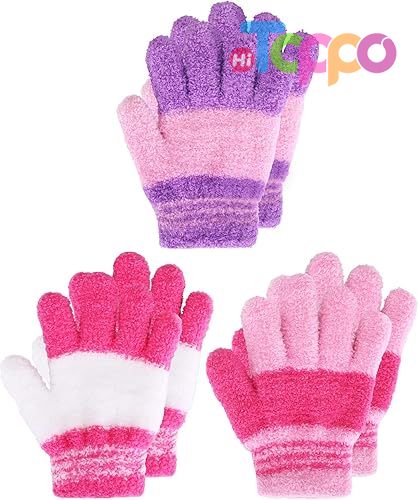 Custom Stretchy Full Finger Fluffy Mittens 3 Pairs Set Winter Knit Gloves for Kids 