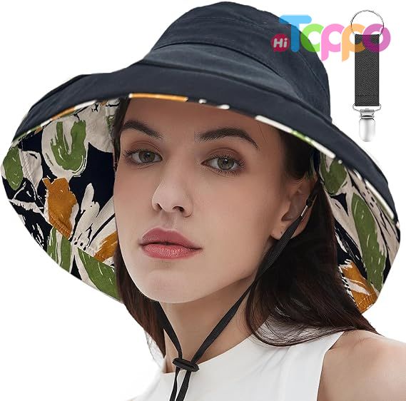 Custom Womens Sun Hats Wide Brim Reversible Bucket Cotton Hat with Hat Clip