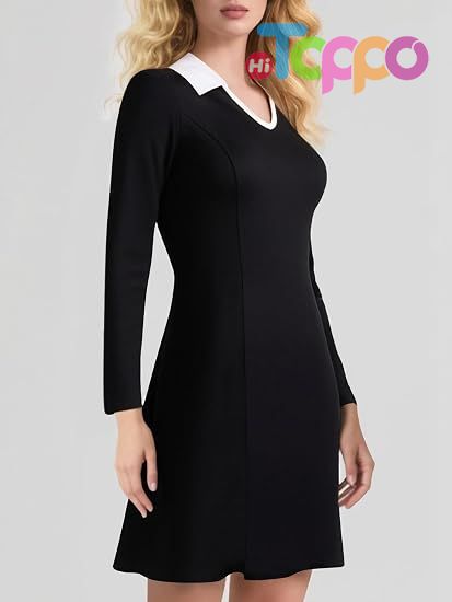 2026 Fall Vintage Lapel Collar V Neck A-Line Short Mini Dress Long Sleeve Dresses for Women