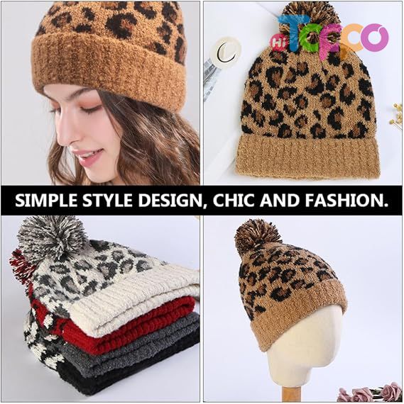  Winter Warm Woolen Yarn Brown Leopard Printed Knitted Beanie