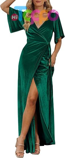 Custom Women's Wrap V Neck Wedding Guest Cocktail Velvet Maxi Dress