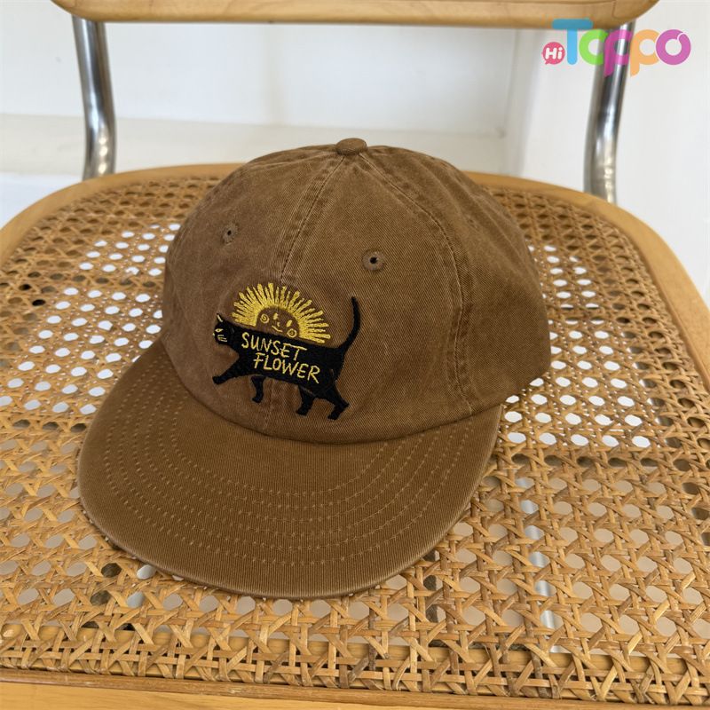 Custom Vintage Washed Distressed Cat-Embroidered Flat-Brim Baseball Cap