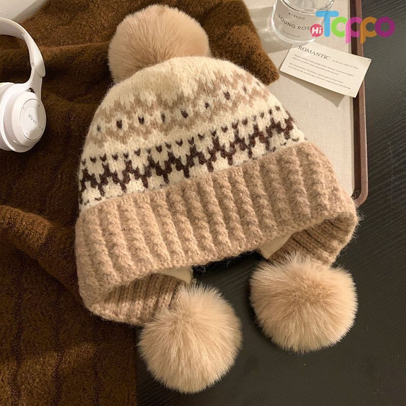 Hot Sale Fair Isle Knit Beanie with 3 Pom Poms Winter Warm Cuffed Skull Cap 