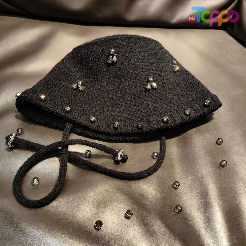  Custom Elegant Rhinestone Handmade Crystal Embellished Knit Cap Bucket Hat