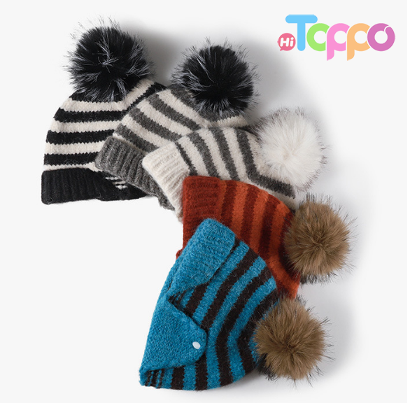 Custom Striped Knit Beanie With Faux Fur Pom‑Pom Detachable Ear Flaps Button Decor 