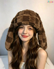 Cute Rabbit Ear Houndstooth Ombre Fluffy Stylish Designer Niche Women Winter Knit Warm Hat 