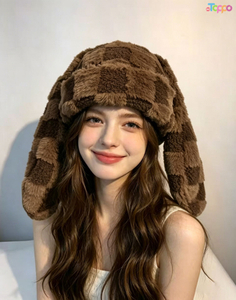 Cute Rabbit Ear Houndstooth Ombre Fluffy Stylish Designer Niche Women Winter Knit Warm Hat 