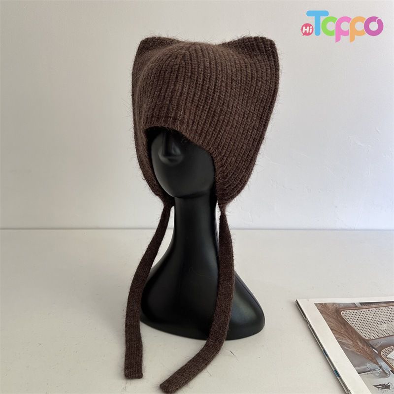 Casual Cute Cat-Ear Sequin-Embellished Rabbit-Fur Knit Winter Ear-Warming Beanie