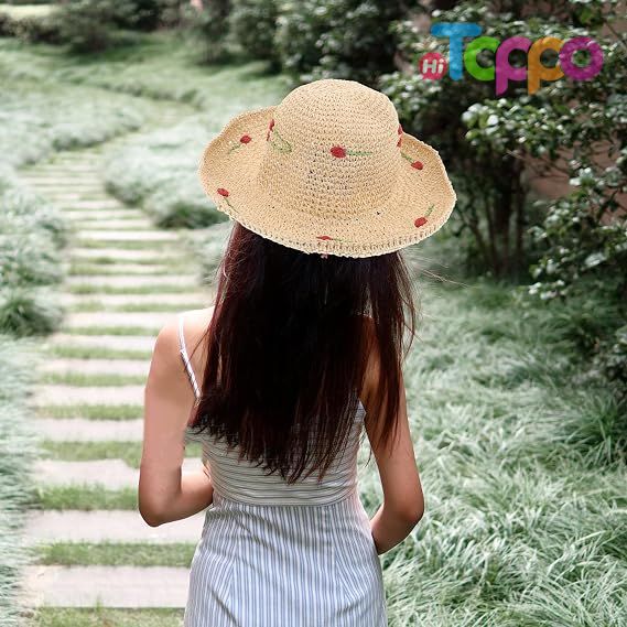  Woven Plaited Build Beige Cherry Accent Lightweight Breathable Comfort Women's Wide Brim Straw Sun Hat 56-58cm