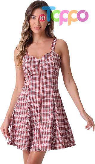 Women's Plaid Tube Dress Zip Up Strap Sleeveless Party Mini A-Line Dress