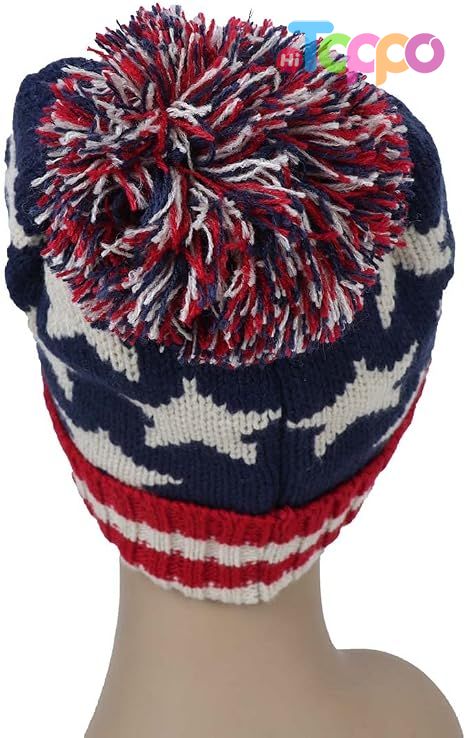 Classical American Flag Knit Pom Beanie Ski Hat with Stars