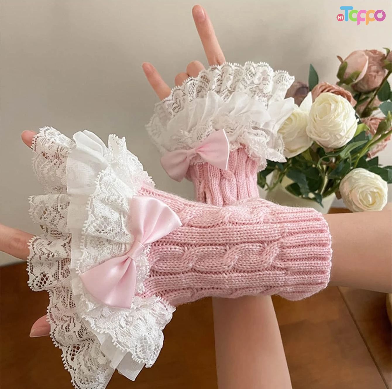 Lace Ruffle Bow Decor Knit Cable Net Arm Warmers Gloves Suitable For Daily Use