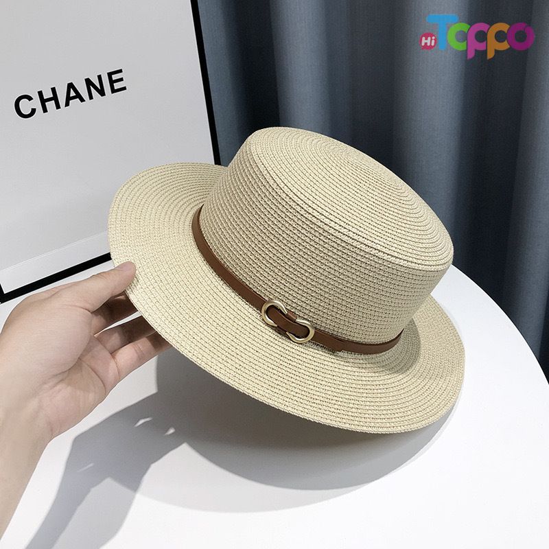 Summer Packable UPF Women Beach Flat Sun Straw Hat with Stripe