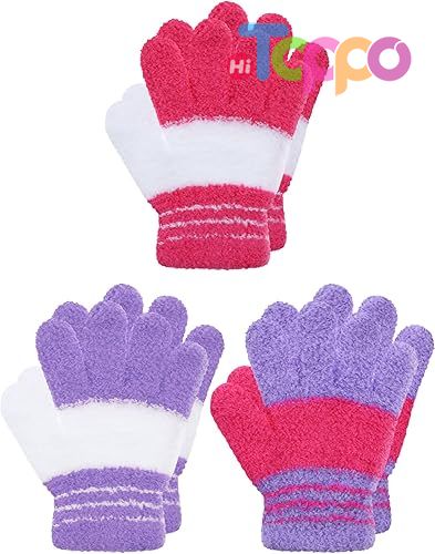 Custom Stretchy Full Finger Fluffy Mittens 3 Pairs Set Winter Knit Gloves for Kids 