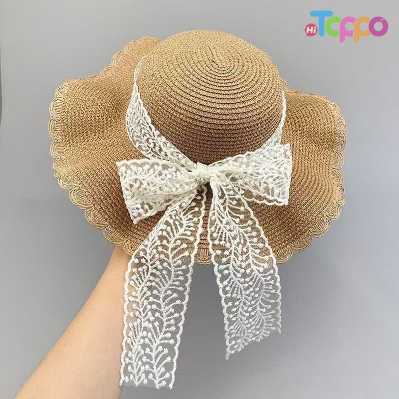 Girls Summer Wide Brim Sun Beach Hats wIth Lace Trim