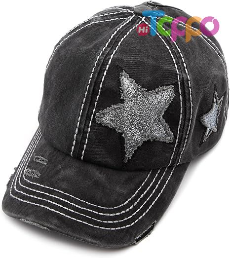  Custom Washed Distressed Cotton Denim Star Ponytail Hat Baseball Cap